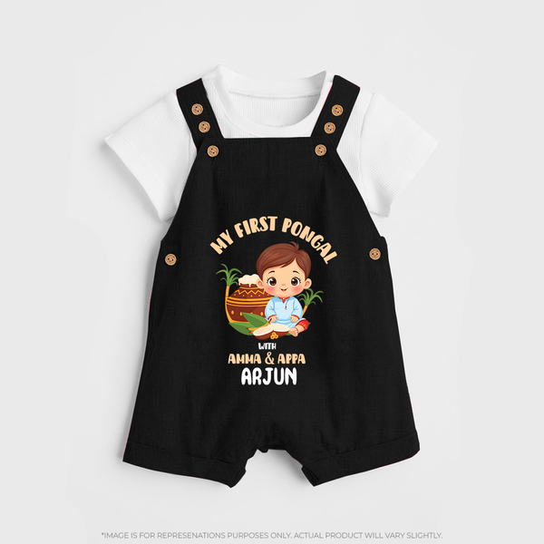 My First Pongal With Amma & Appa Dungaree Set For Kids with Name - BLACK - 0 - 5 Months Old (Chest 18")