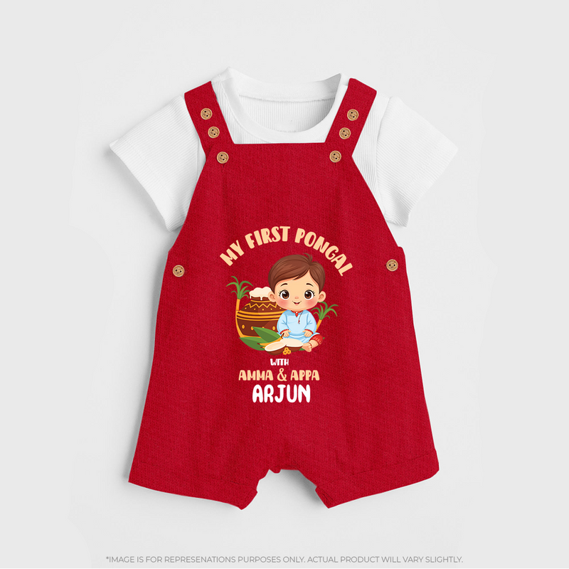 My First Pongal With Amma & Appa Dungaree Set For Kids with Name - RED - 0 - 5 Months Old (Chest 18")