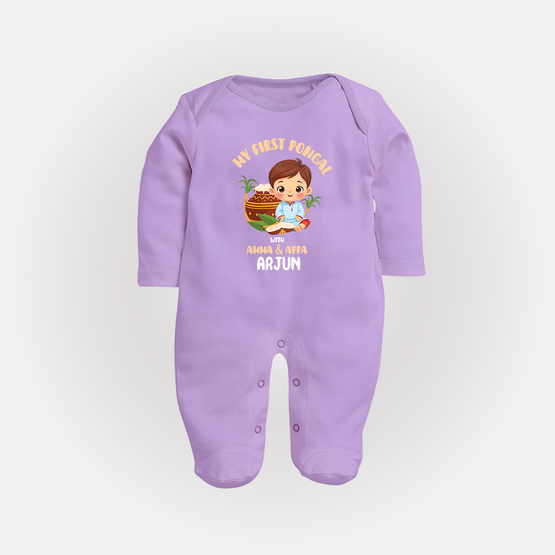 My First Pongal With Amma & Appa Sleep Suit For Babies with Name - LILAC - New Born (Chest 7.5")