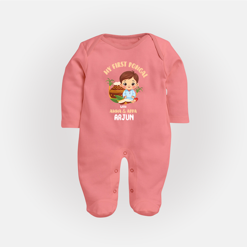 My First Pongal With Amma & Appa Sleep Suit For Babies with Name - PEACH - New Born (Chest 7.5")