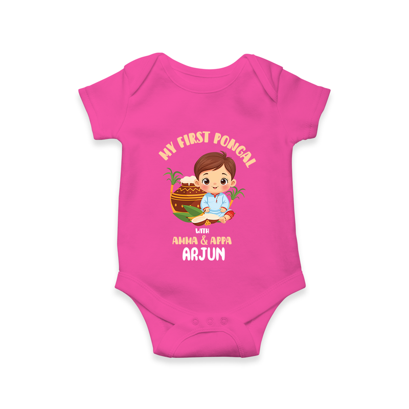 My First Pongal With Amma & Appa Romper For Babies with Name - HOT PINK - 0-3 Months Old (Chest 16")