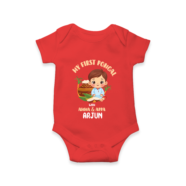 My First Pongal With Amma & Appa Romper For Babies with Name - RED - 0-3 Months Old (Chest 16")