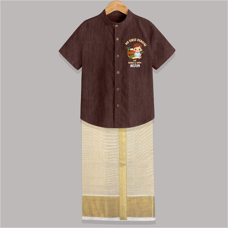 My First Pongal With Amma & Appa Shirt and Dhoti for Boys With Name - COFFEE BROWN - 0 - 6 Months Old (Chest-23") (Dhoti length-14")