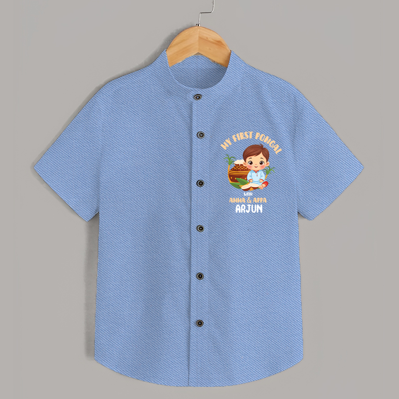 My First Pongal With Amma & Appa Shirt for Boys With Name - SKY BLUE - 0 - 6 Months Old (Chest 23")