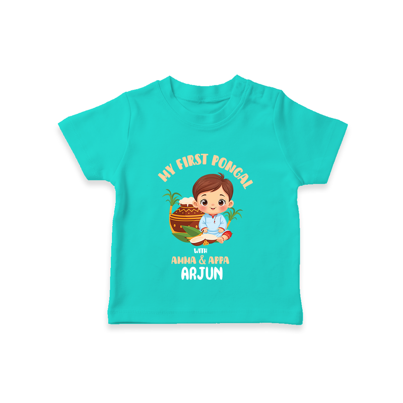 My First Pongal With Amma & Appa T-Shirt For Kids with Name - TEAL - 0-5 Months Old (Chest 17")