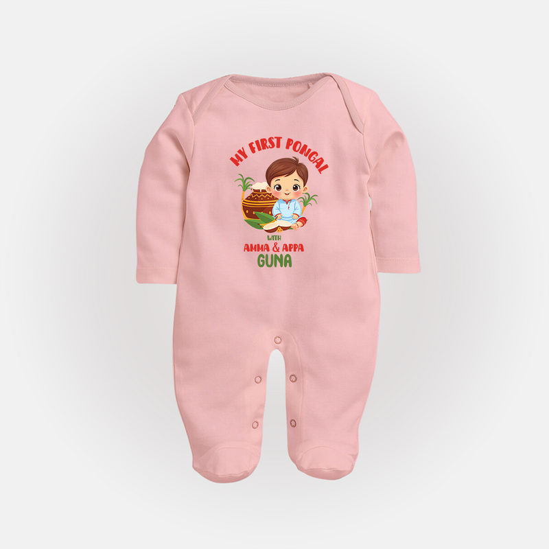 My First Pongal With Amma & Appa Sleep Suit For Babies with Name - BABY PINK - New Born (Chest 7.5")