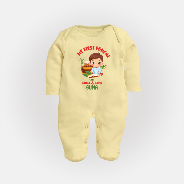 My First Pongal – Custom Kids Fullbody Suit (Boy Edition) - PASTEL YELLOW - New Born (Chest 7.5")