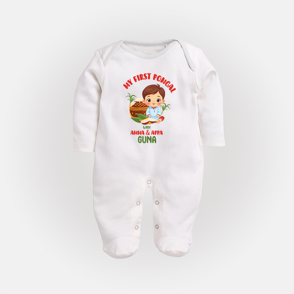 My First Pongal With Amma & Appa Sleep Suit For Babies with Name - WHITE - New Born (Chest 7.5")