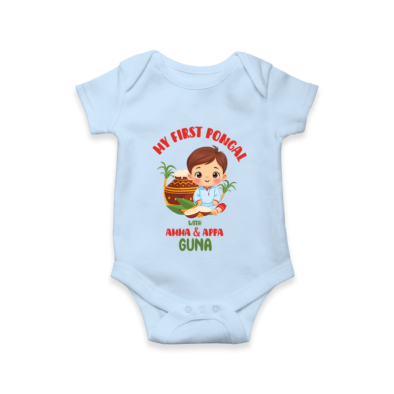 My First Pongal With Amma & Appa Romper For Babies with Name - BABY BLUE - 0-3 Months Old (Chest 16")