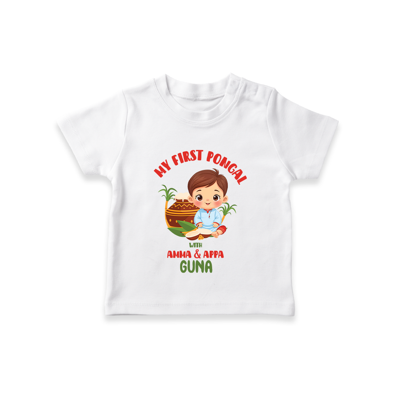 My First Pongal With Amma & Appa T-Shirt For Kids with Name - WHITE - 0-5 Months Old (Chest 17")