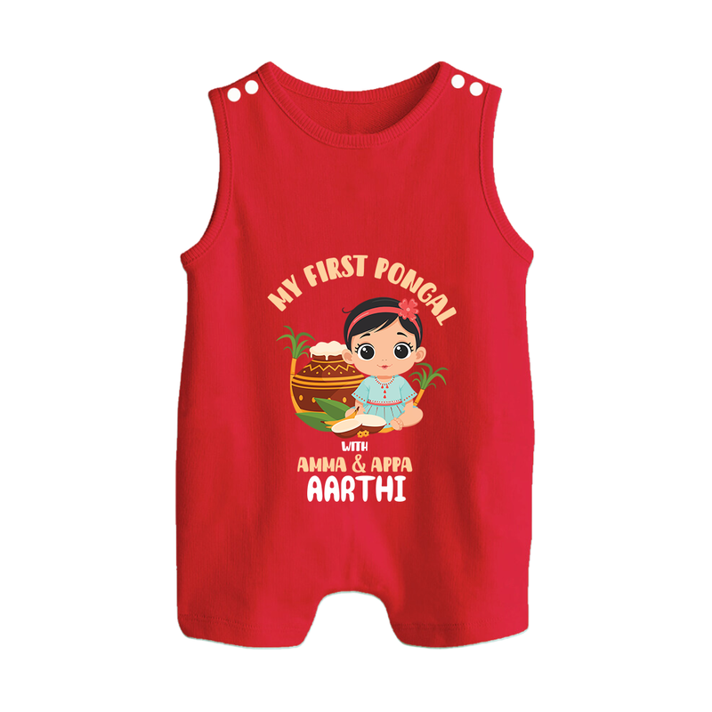 My First Pongal With Amma And Appa Romper Suit For Babies with Name - RED - 0 - 5 Months Old (Chest 18")