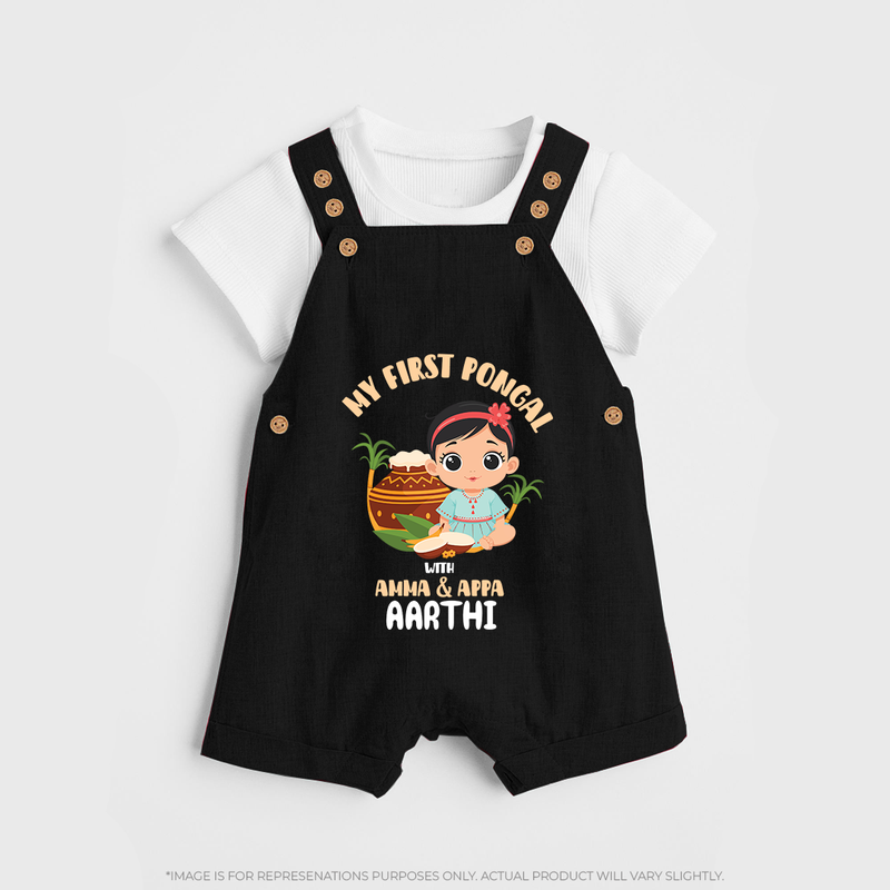 My First Pongal With Amma And Appa Dungaree Set For Kids with Name - BLACK - 0 - 5 Months Old (Chest 18")