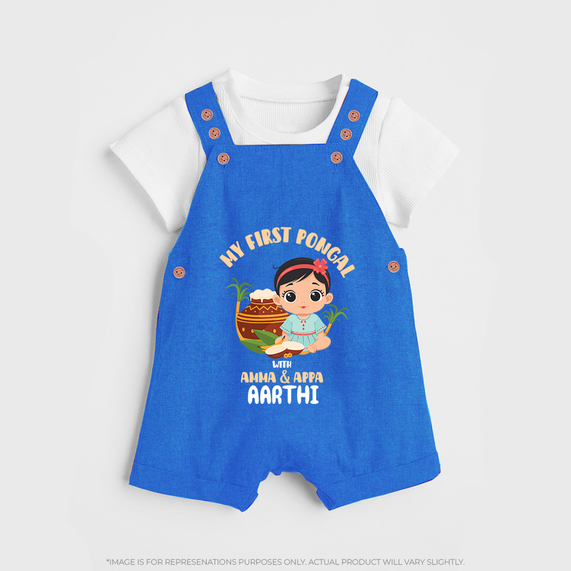 My First Pongal With Amma And Appa Dungaree Set For Kids with Name - COBALT BLUE - 0 - 5 Months Old (Chest 18")