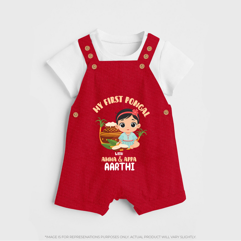 My First Pongal With Amma And Appa Dungaree Set For Kids with Name - RED - 0 - 5 Months Old (Chest 18")