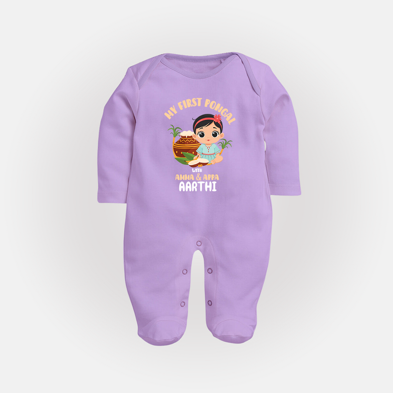 My First Pongal With Amma And Appa Sleep Suit For Babies with Name - LILAC - New Born (Chest 7.5")