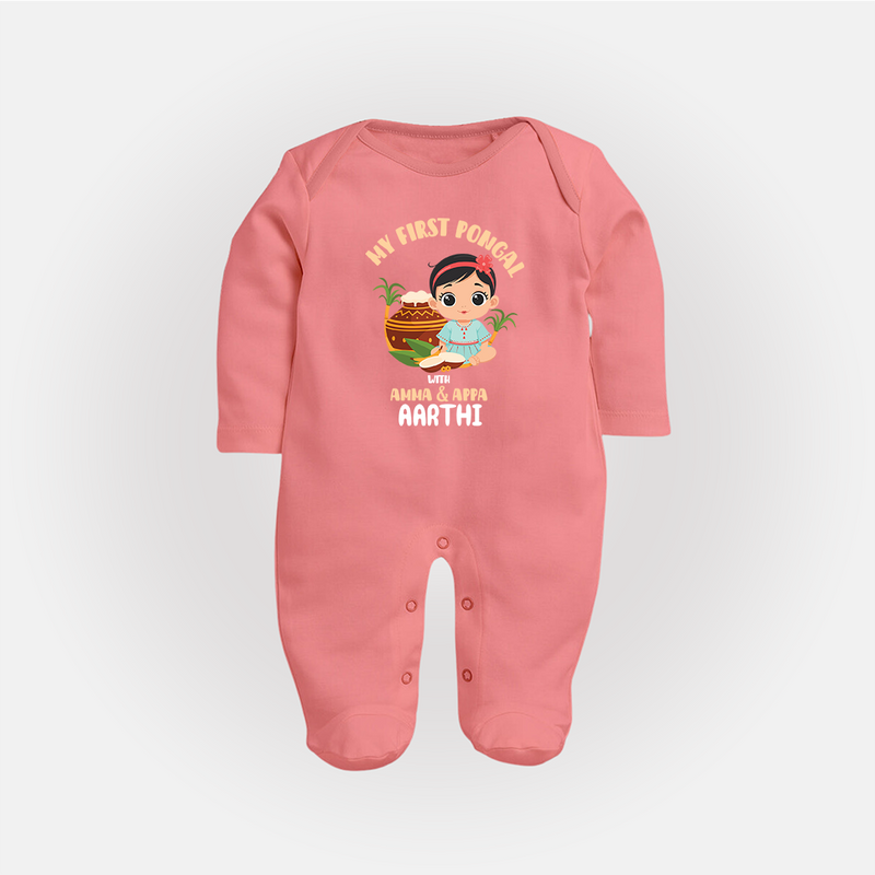 My First Pongal With Amma And Appa Sleep Suit For Babies with Name - PEACH - New Born (Chest 7.5")