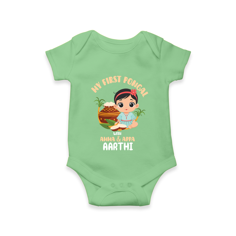 My First Pongal With Amma And Appa Romper For Babies with Name - GREEN - 0-3 Months Old (Chest 16")