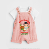 My First Pongal With Amma And Appa Dungaree Set For Kids with Name - PEACH - 0 - 5 Months Old (Chest 18")