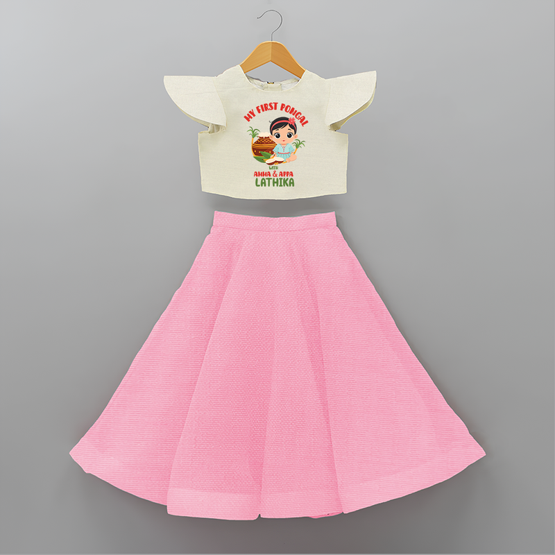 My First Pongal With Amma And Appa Crop Top and Skirt for Girls with Name - PINK - 6 - 9 Months Old (Chest 20" , Frock Waist 20")