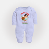 My First Pongal With Amma And Appa Sleep Suit For Babies with Name - BABY BLUE - New Born (Chest 7.5")