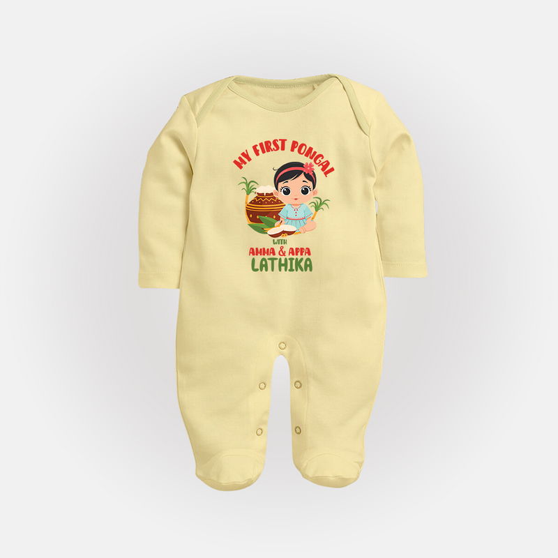 My First Pongal With Amma And Appa Sleep Suit For Babies with Name - PASTEL YELLOW - New Born (Chest 7.5")