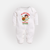 My First Pongal With Amma And Appa Sleep Suit For Babies with Name - WHITE - New Born (Chest 7.5")