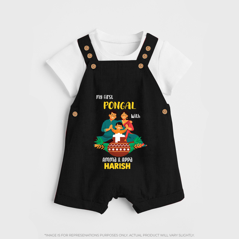 "Festival Memories - My First Pongal With Amma and Appa Dungaree Set For Kids" - BLACK - 0 - 5 Months Old (Chest 18")