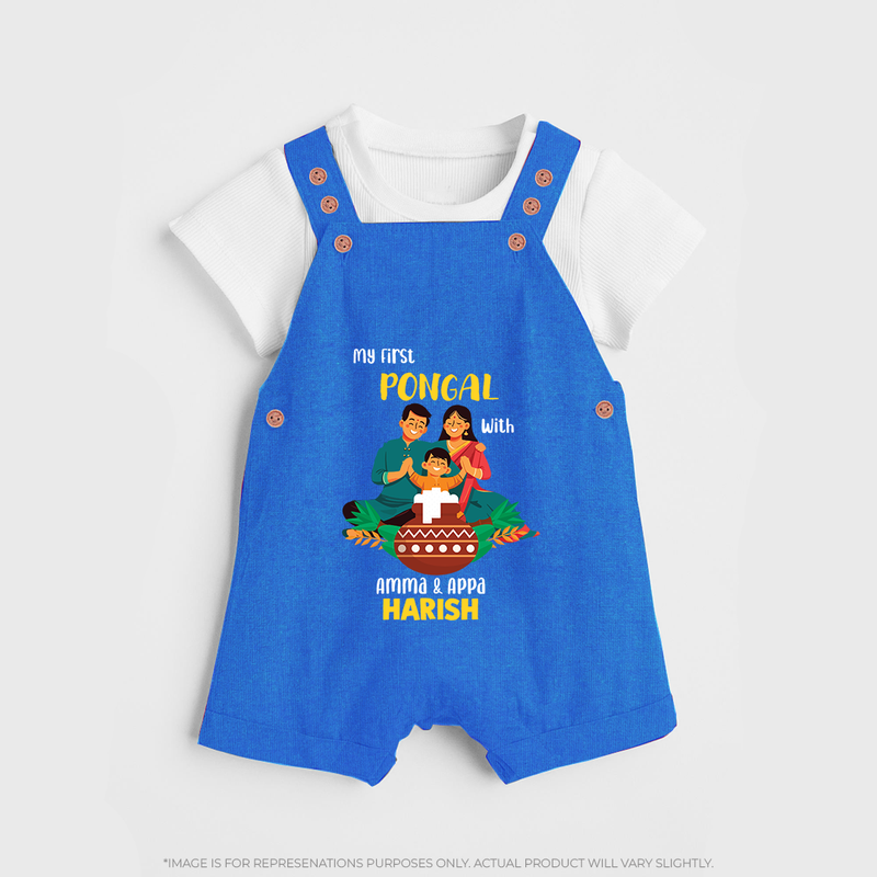 "Festival Memories - My First Pongal With Amma and Appa Dungaree Set For Kids" - COBALT BLUE - 0 - 5 Months Old (Chest 18")