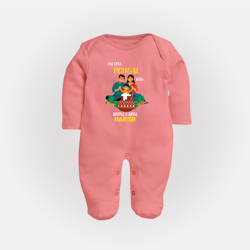 "Festival Memories - My First Pongal With Amma and Appa Sleep Suit For Babies" - PEACH - New Born (Chest 7.5")