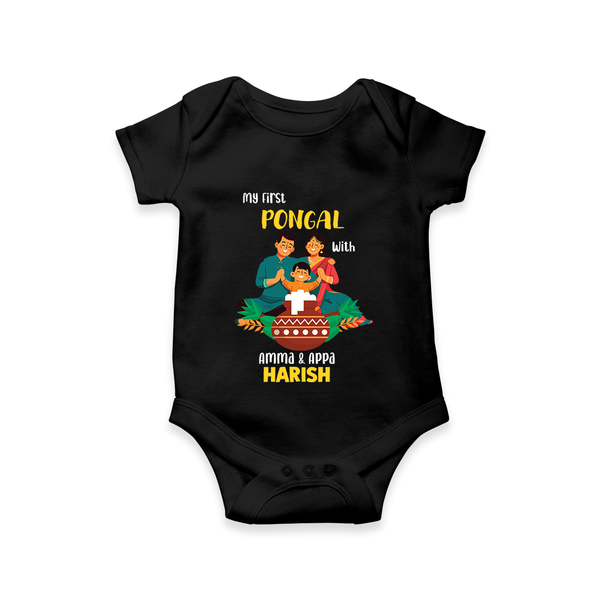 My First Pongal with Amma & Appa – Personalized Kids Romper - BLACK - New Born (Chest 14")