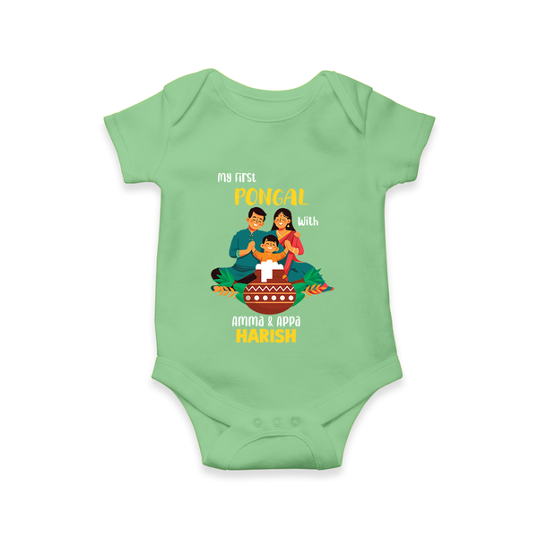 "Festival Memories - My First Pongal With Amma and Appa Romper For Babies" - GREEN - 0-3 Months Old (Chest 16")