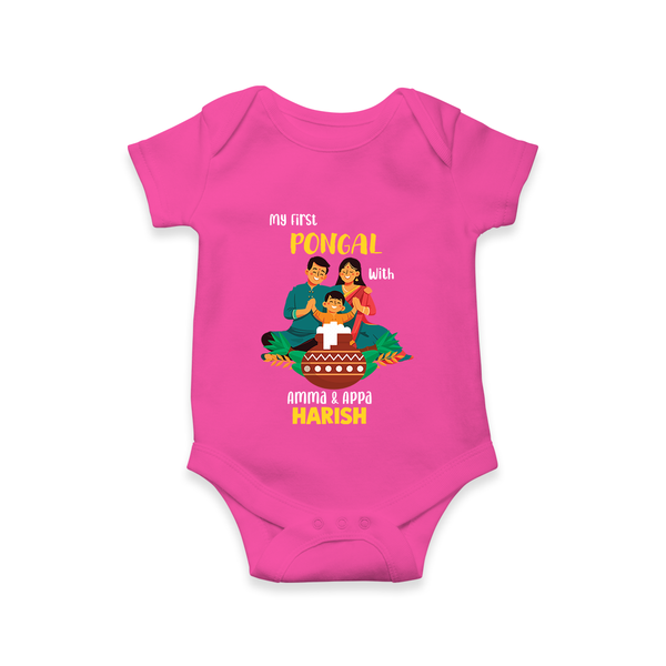 My First Pongal with Amma & Appa – Personalized Kids Romper - HOT PINK - New Born (Chest 14")