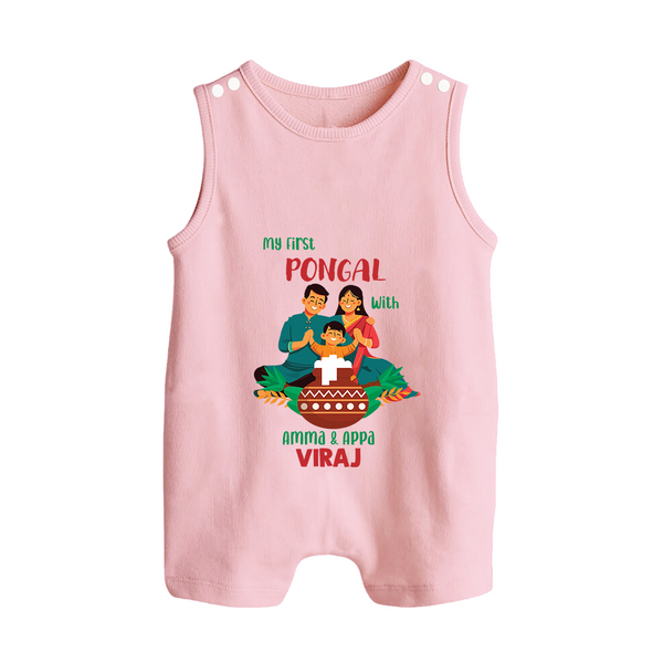 My First Pongal with Amma & Appa – Personalized Kids Romper Suit - BABY PINK - 0 - 5 Months Old (Chest 18")