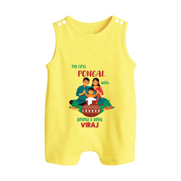 My First Pongal with Amma & Appa – Personalized Kids Romper Suit - PASTEL YELLOW - 0 - 5 Months Old (Chest 18")