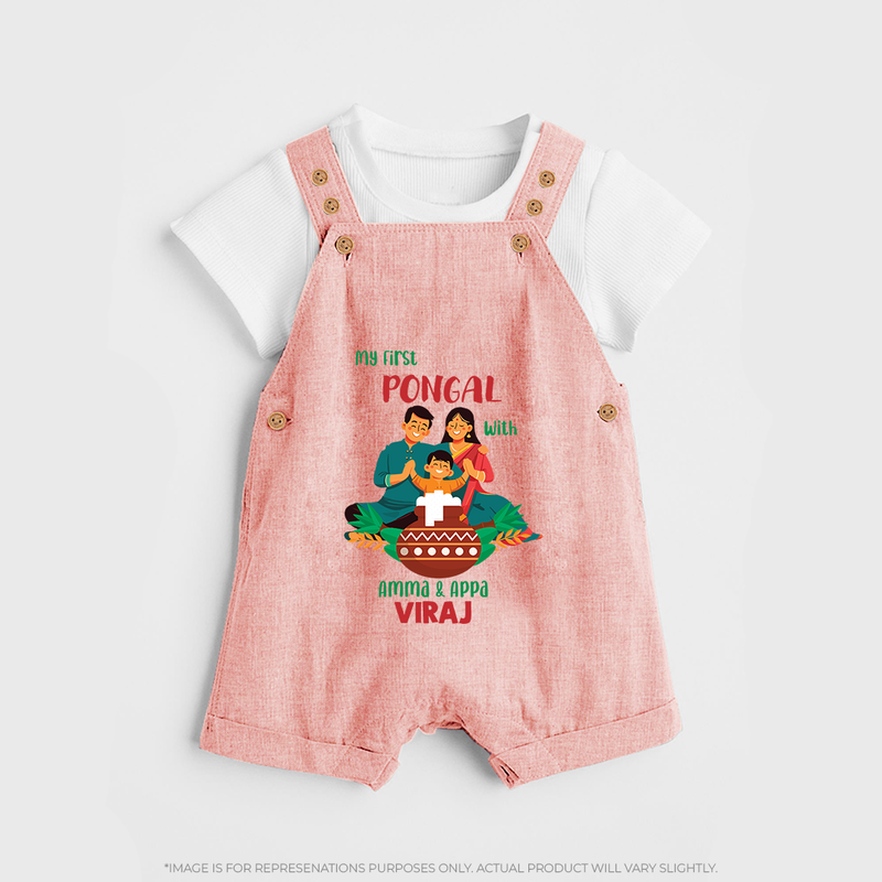 "Festival Memories - My First Pongal With Amma and Appa Dungaree Set For Kids" - PEACH - 0 - 5 Months Old (Chest 18")