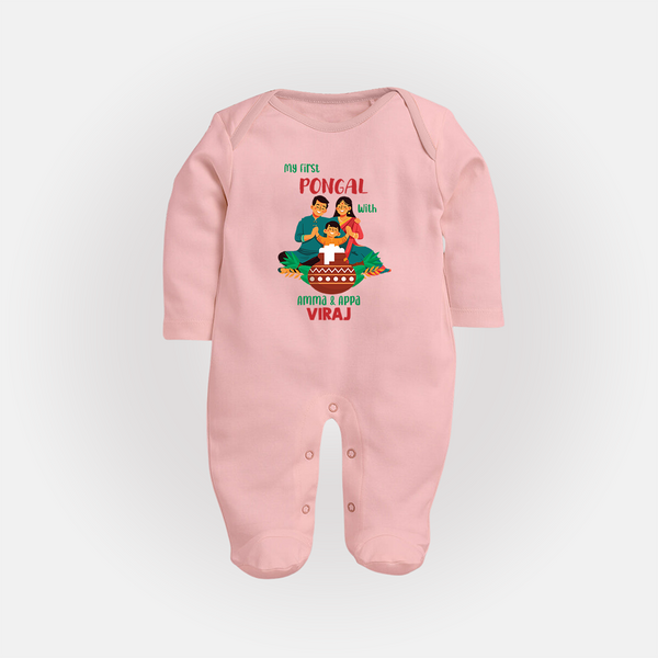 My First Pongal with Amma & Appa – Personalized Kids Fullbody Suit - BABY PINK - New Born (Chest 7.5")