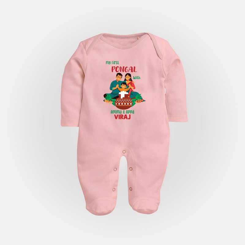 "Festival Memories - My First Pongal With Amma and Appa Sleep Suit For Babies" - BABY PINK - New Born (Chest 7.5")