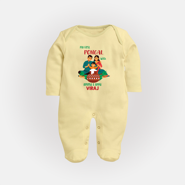 "Festival Memories - My First Pongal With Amma and Appa Sleep Suit For Babies" - PASTEL YELLOW - New Born (Chest 7.5")