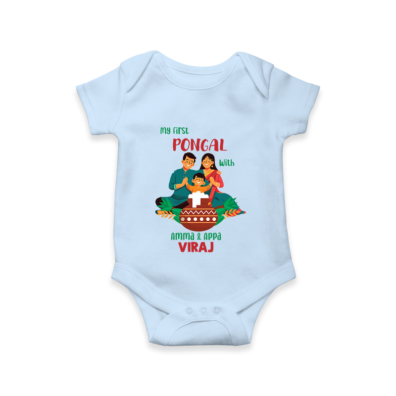 "Festival Memories - My First Pongal With Amma and Appa Romper For Babies" - BABY BLUE - 0-3 Months Old (Chest 16")