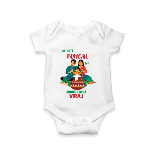 "Festival Memories - My First Pongal With Amma and Appa Romper For Babies" - WHITE - 0-3 Months Old (Chest 16")