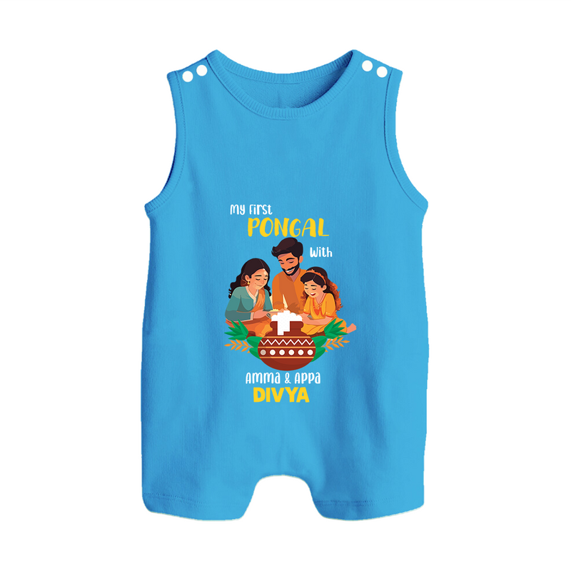 "Festival Memories - My First Pongal With Amma & Appa Romper Suit For Babies" - ROYAL BLUE - 0 - 5 Months Old (Chest 18")