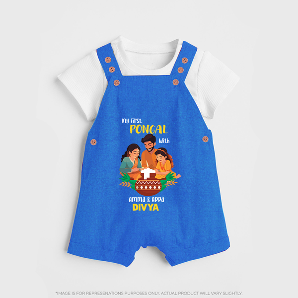 "Festival Memories - My First Pongal With Amma & Appa Dungaree Set For Kids" - COBALT BLUE - 0 - 5 Months Old (Chest 18")