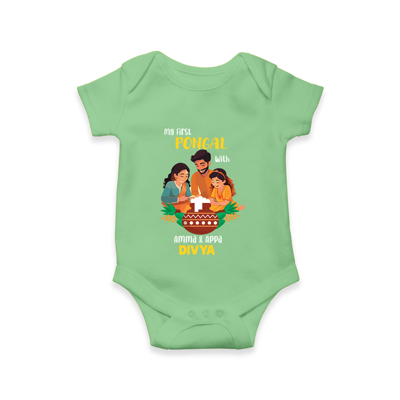 "Festival Memories - My First Pongal With Amma & Appa Romper For Babies" - GREEN - 0-3 Months Old (Chest 16")