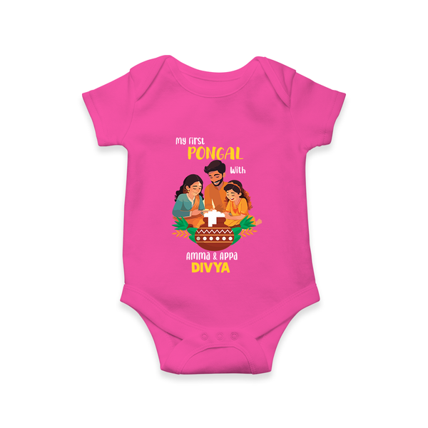 My First Pongal with Amma & Appa – Custom Kids Romper - HOT PINK - New Born (Chest 14")