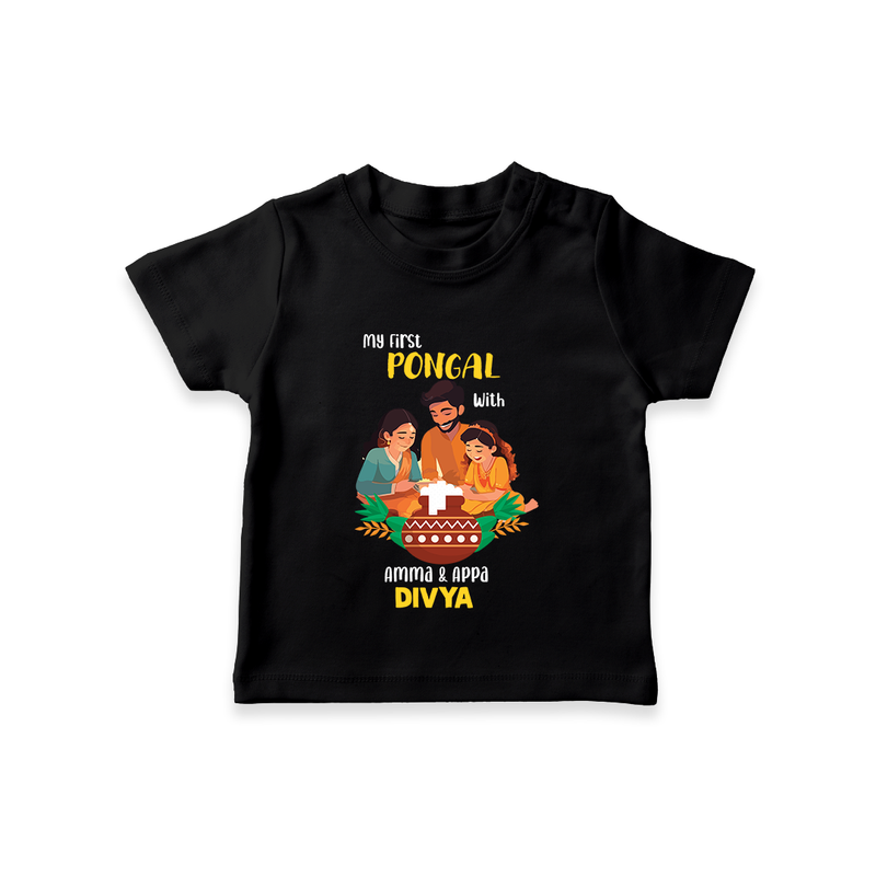 "Festival Memories - My First Pongal With Amma & Appa T-Shirt For Kids" - BLACK - 0-5 Months Old (Chest 17")