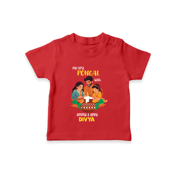 "Festival Memories - My First Pongal With Amma & Appa T-Shirt For Kids" - RED - 0-5 Months Old (Chest 17")