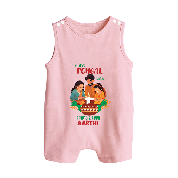 My First Pongal with Amma & Appa – Custom Kids Romper Suit - BABY PINK - 0 - 5 Months Old (Chest 18")