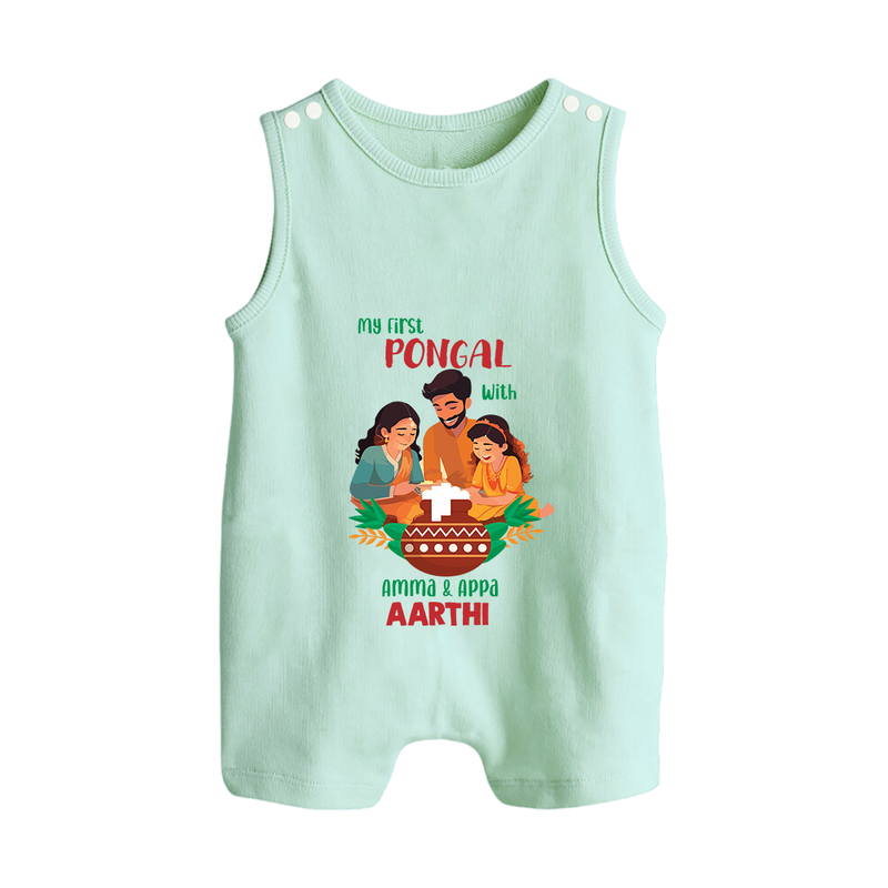 "Festival Memories - My First Pongal With Amma & Appa Romper Suit For Babies" - MINT GREEN - 0 - 5 Months Old (Chest 18")