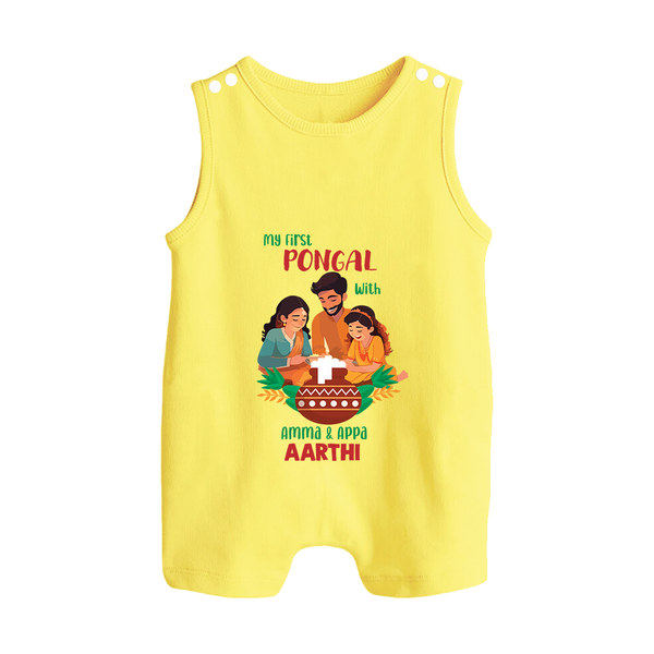 My First Pongal with Amma & Appa – Custom Kids Romper Suit - PASTEL YELLOW - 0 - 5 Months Old (Chest 18")