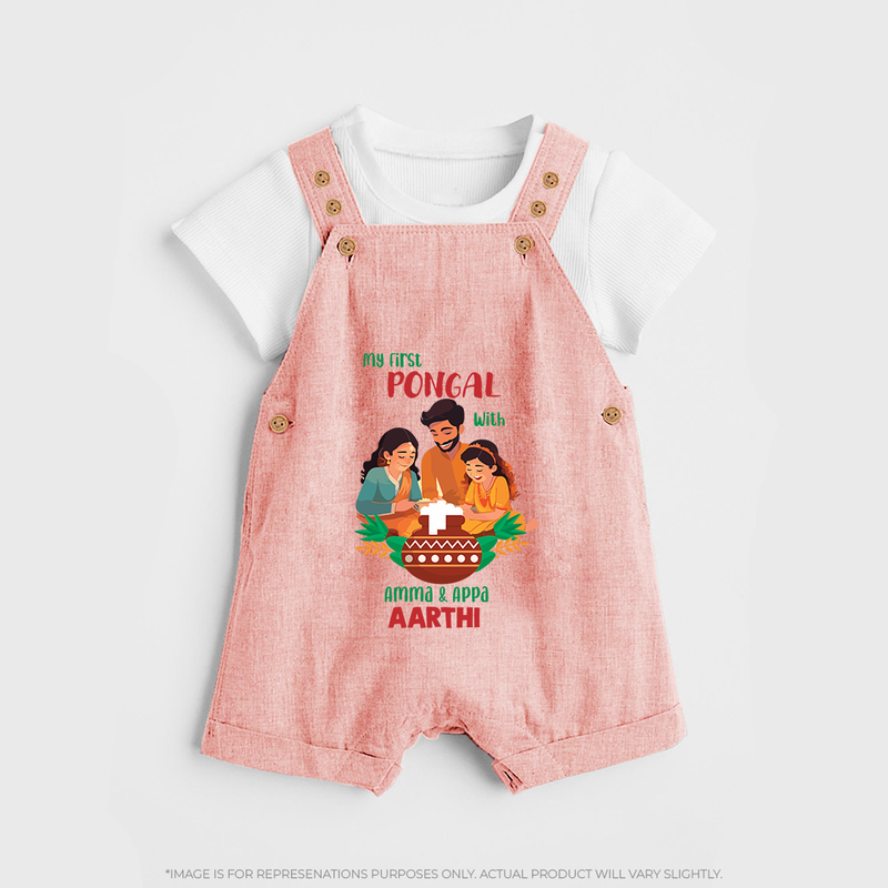 "Festival Memories - My First Pongal With Amma & Appa Dungaree Set For Kids" - PEACH - 0 - 5 Months Old (Chest 18")